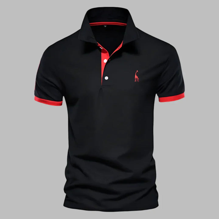 Detail of Men's Smart Polo Shirt collar & placket, showcasing the stylish contrast trim. Effortless men's fashion.