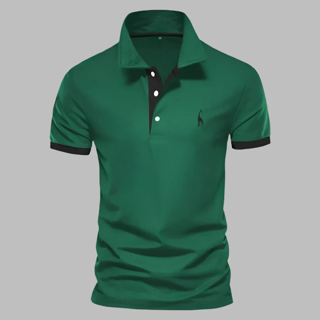 Man wearing comfortable short sleeve polo shirt with contrast trim, ideal for versatile everyday men's apparel.