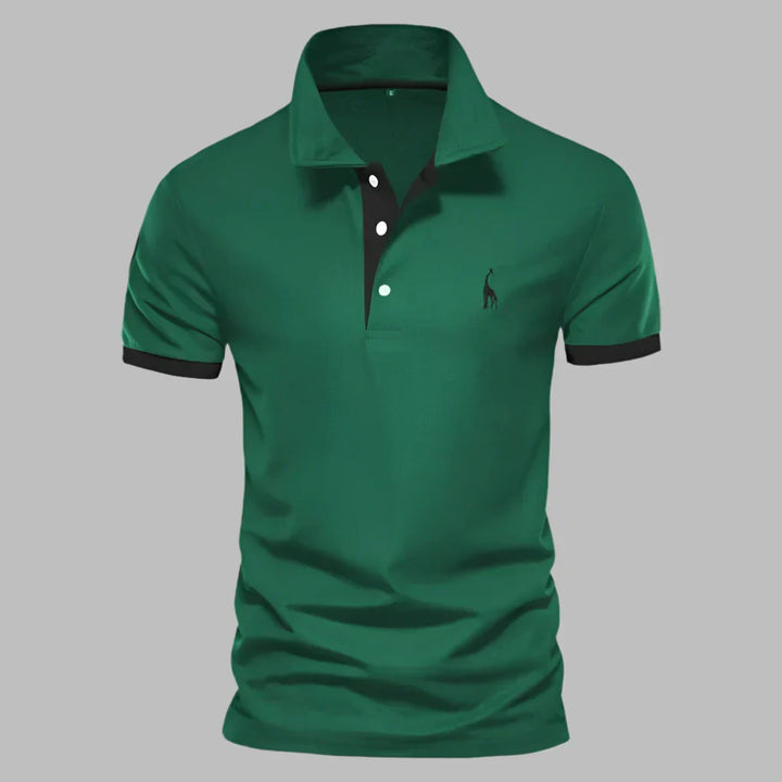 Man wearing comfortable short sleeve polo shirt with contrast trim, ideal for versatile everyday men's apparel.