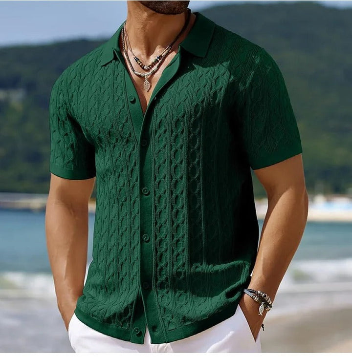Green men's smart casual polo shirt with button-down collar, perfect for spring/summer fashion.
