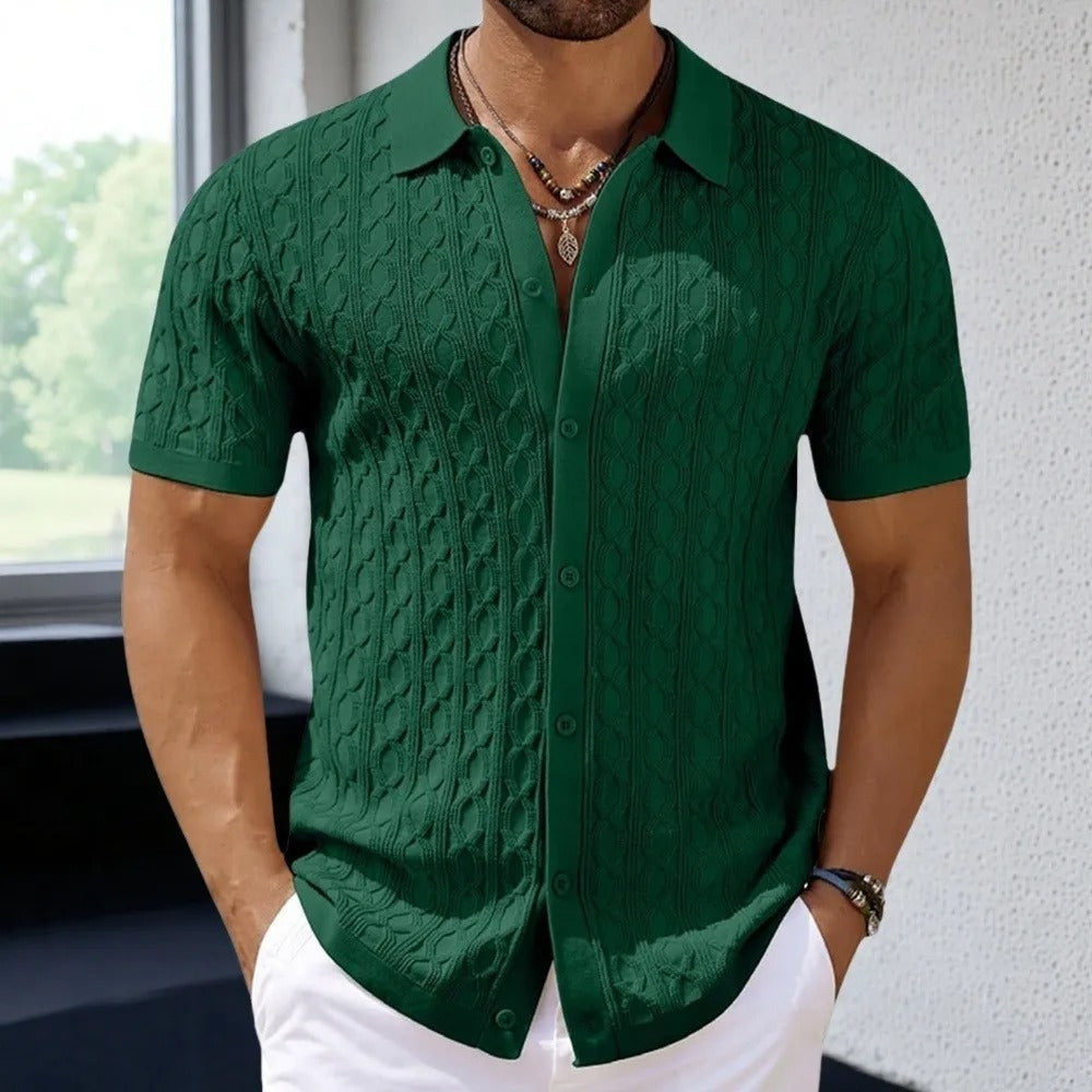 Black men's versatile short sleeve polo shirt, button-down collar for casual or smart-casual wear.