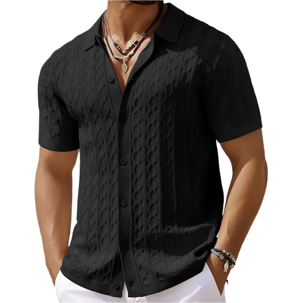 Khaki men's smart polo shirt, comfortable short sleeve design with button-down collar. Men's apparel.