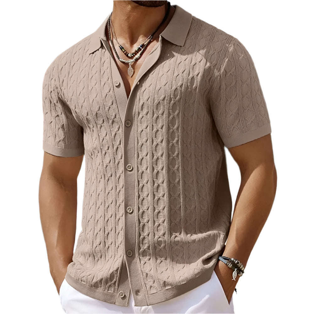 Classic men's short sleeve polo shirt with button-down collar. Versatile for casual or dressier looks.