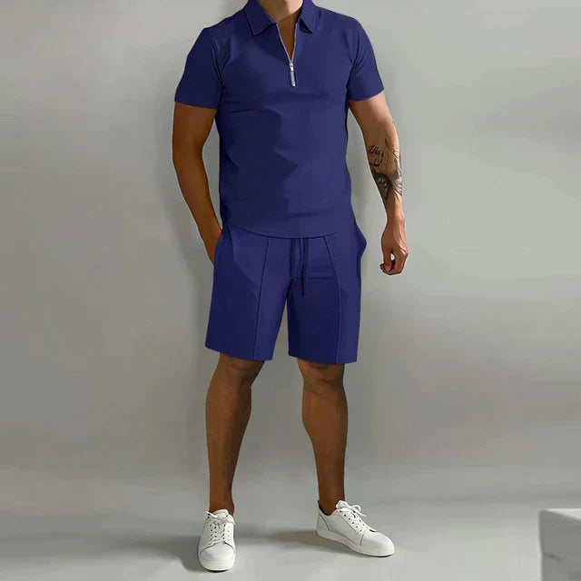 Stylish men's two-piece summer set: zipper polo shirt & comfortable drawstring shorts for casual wear.