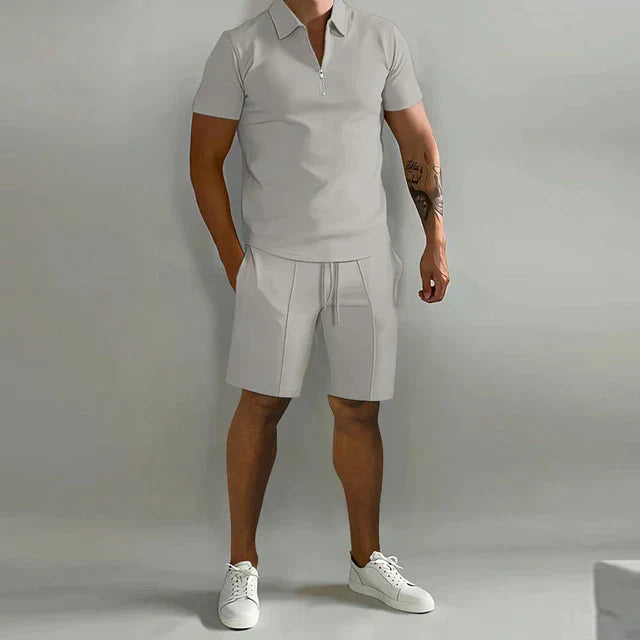 Complete men's summer outfit: short-sleeved zipper polo and matching casual shorts for ultimate comfort.
