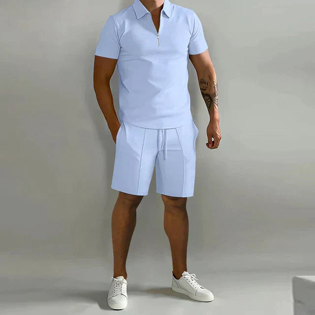 Versatile men's summer two-piece set, includes a chic polo and comfortable drawstring shorts for everyday style.