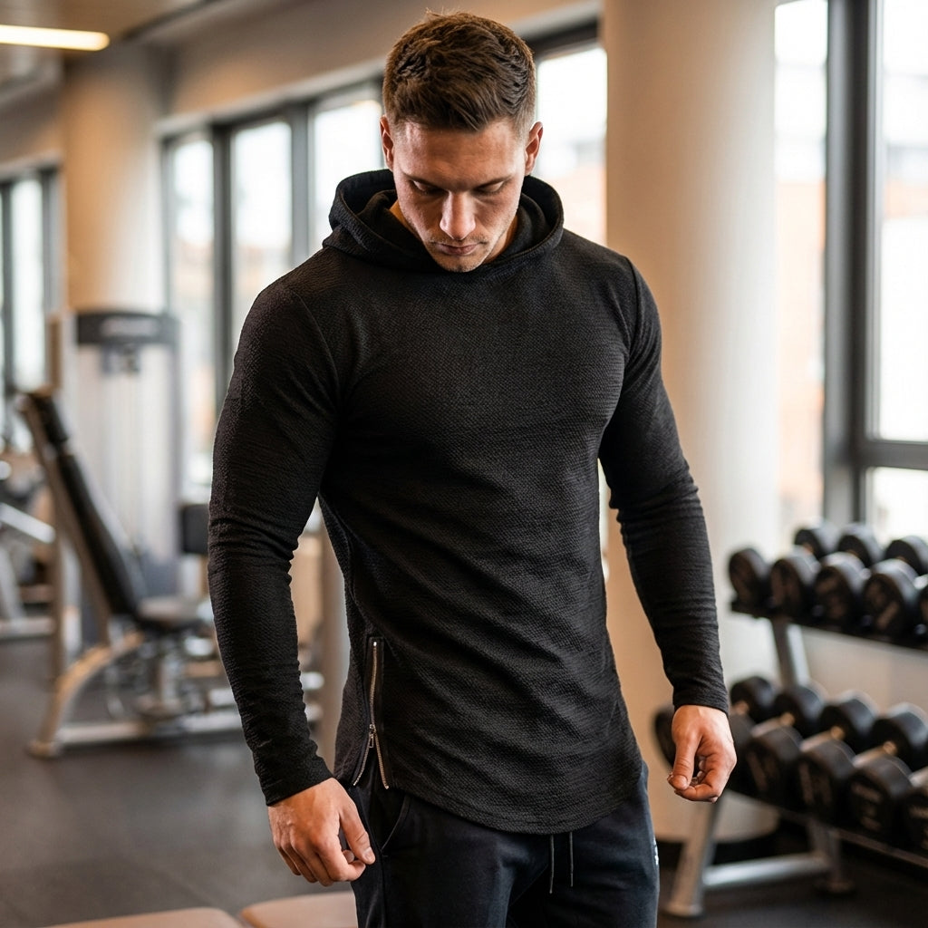 Men's sporty training hoodie with full zipper for active wear, ideal for gym or running.