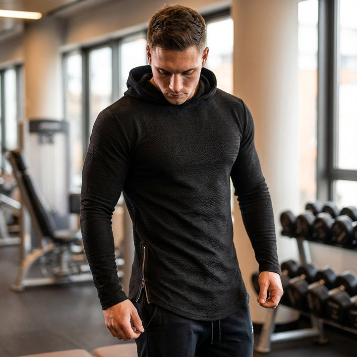 Men's sporty training hoodie with full zipper for active wear, ideal for gym or running.