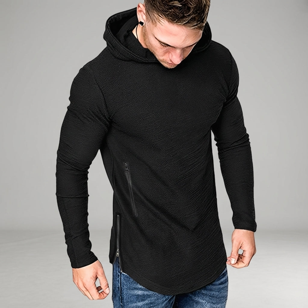 Slim fit men's activewear hoodie with zipper, perfect as a workout top or gym clothing.