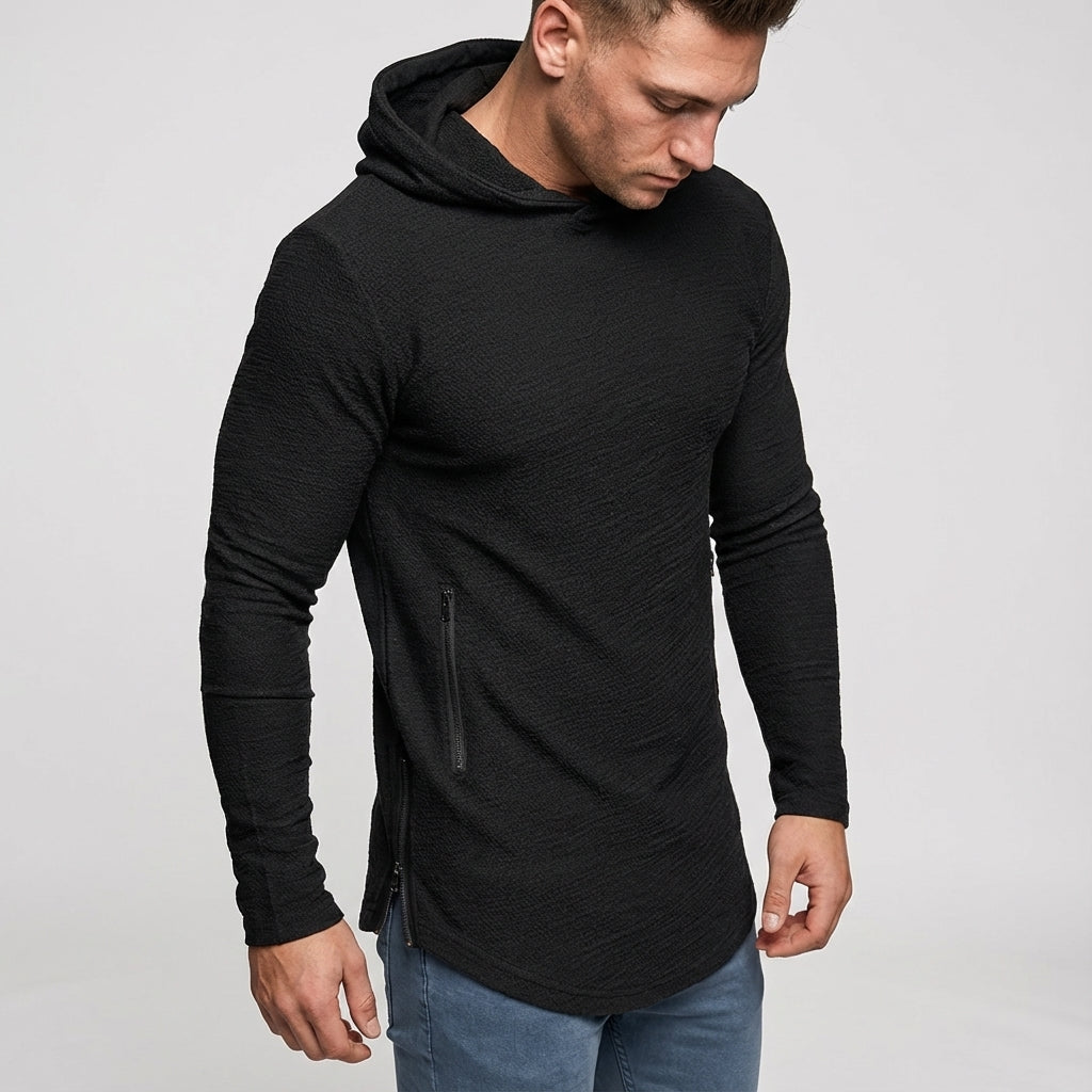 Durable men's sportswear hoodie with front zipper, excellent for active training and outdoor activities.