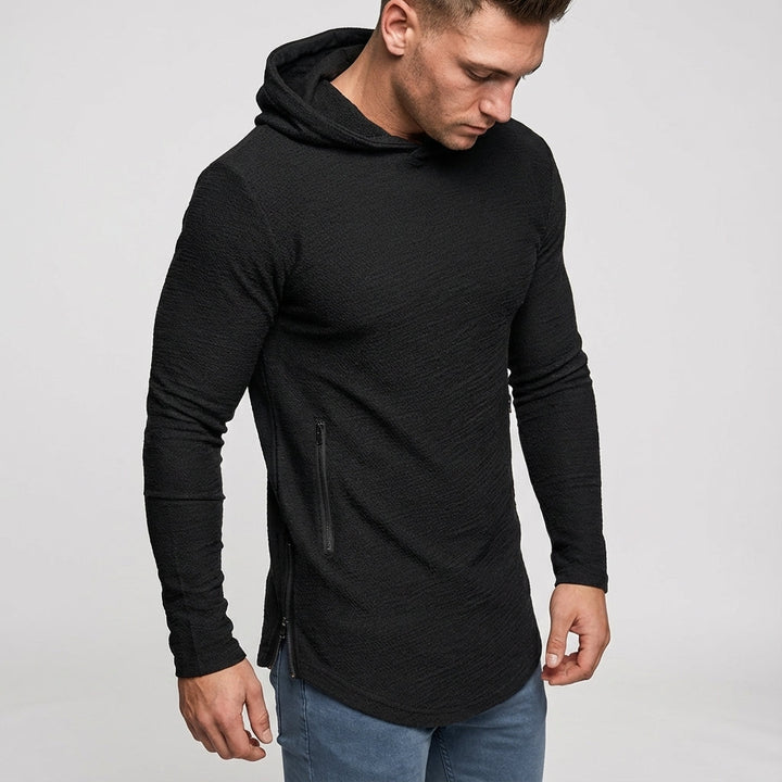Durable men's sportswear hoodie with front zipper, excellent for active training and outdoor activities.