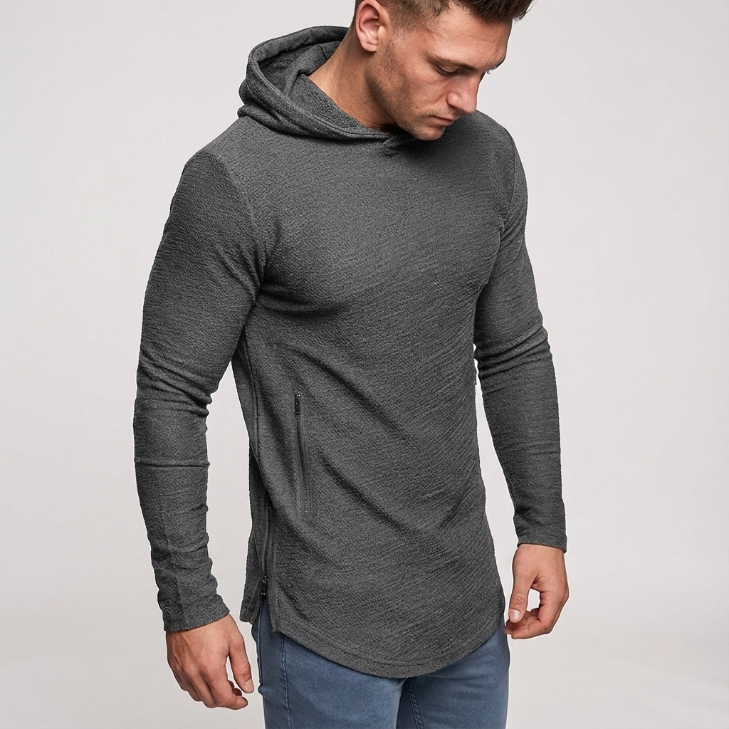 Versatile men's zipper hoodie, great for gym clothing, activewear, and everyday casual comfort.