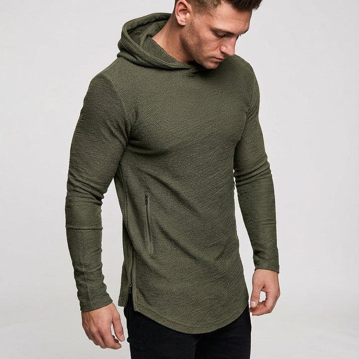 High-performance men's training hoodie with secure zipper for intense workouts & athletic performance.