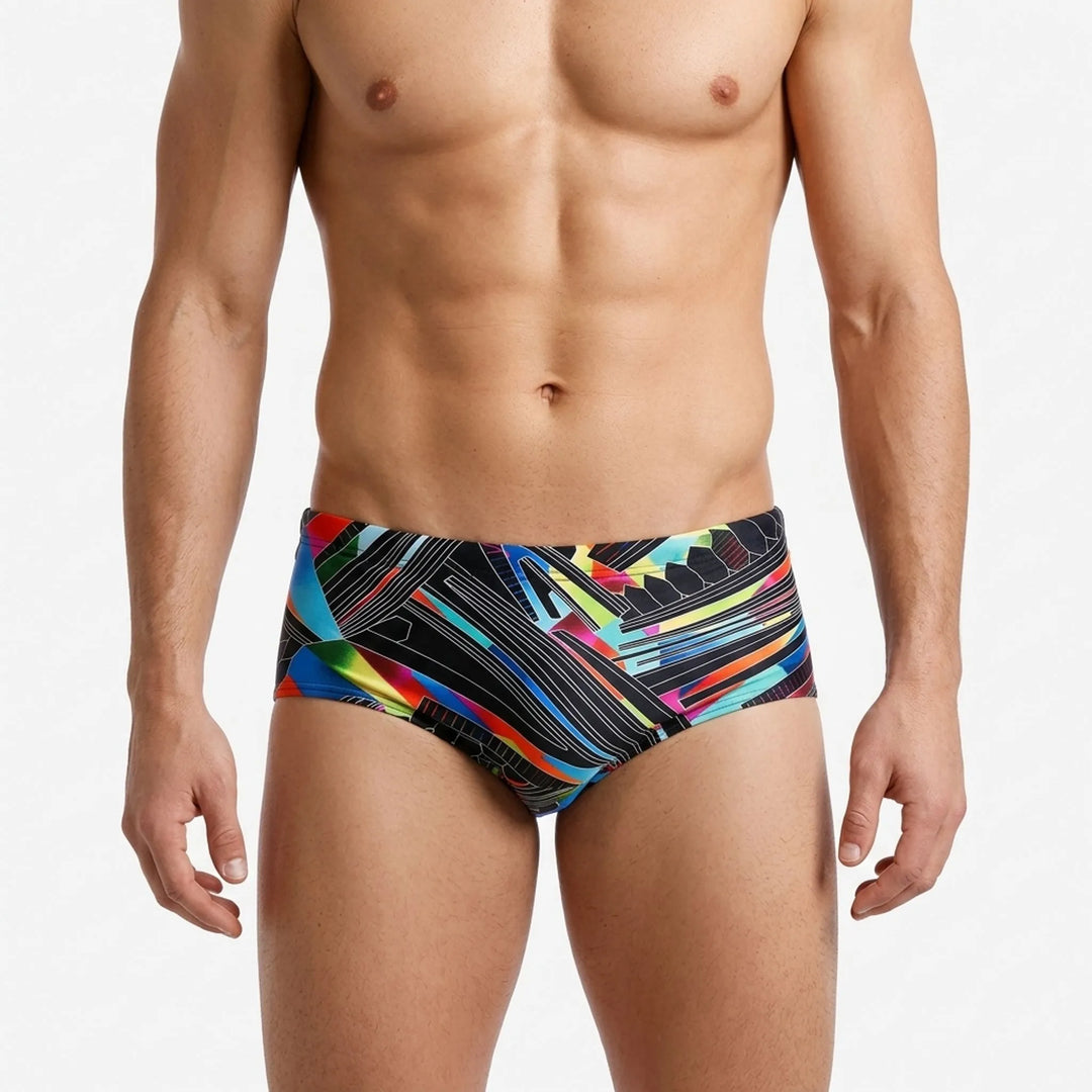 Low rise men's square cut swim trunks for comfort during water sports & beach activities.