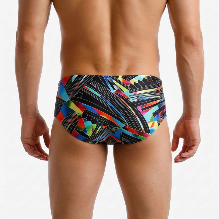 Geometric print men's square cut swim trunks, perfect for water sports & poolside wear.