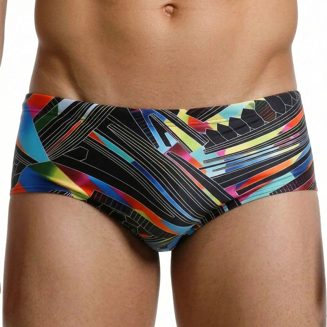Performance men's square cut swim shorts; low rise design for water sports & training.