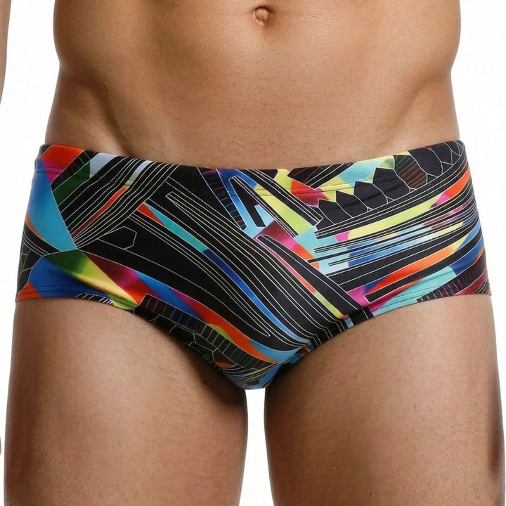 Performance men's square cut swim shorts; low rise design for water sports & training.