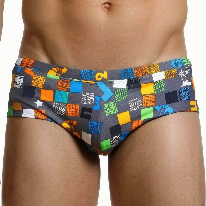 Geometric print men's square cut trunks, versatile for water sports, beach, & poolside.