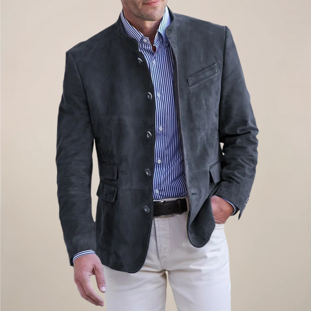 Men's stand collar blazer for a smart casual look. Modern jacket perfect for any occasion, sophisticated menswear.