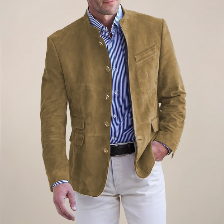 Stylish men's stand collar blazer, versatile smart casual jacket. Ideal for layering, modern mens fashion.