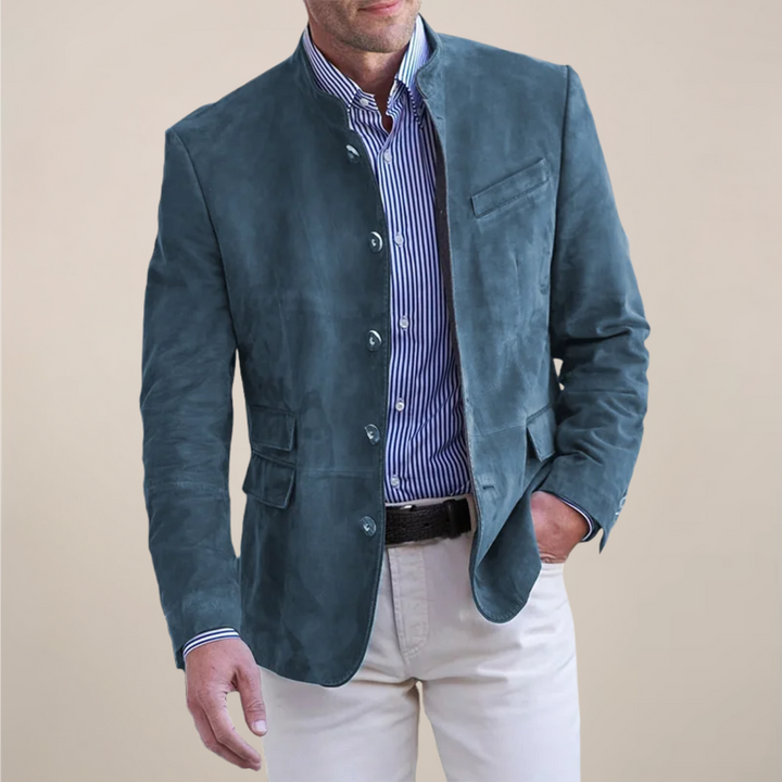 Comfortable men's stand collar blazer for smart casual events. Modern jacket, great for sophisticated layering.