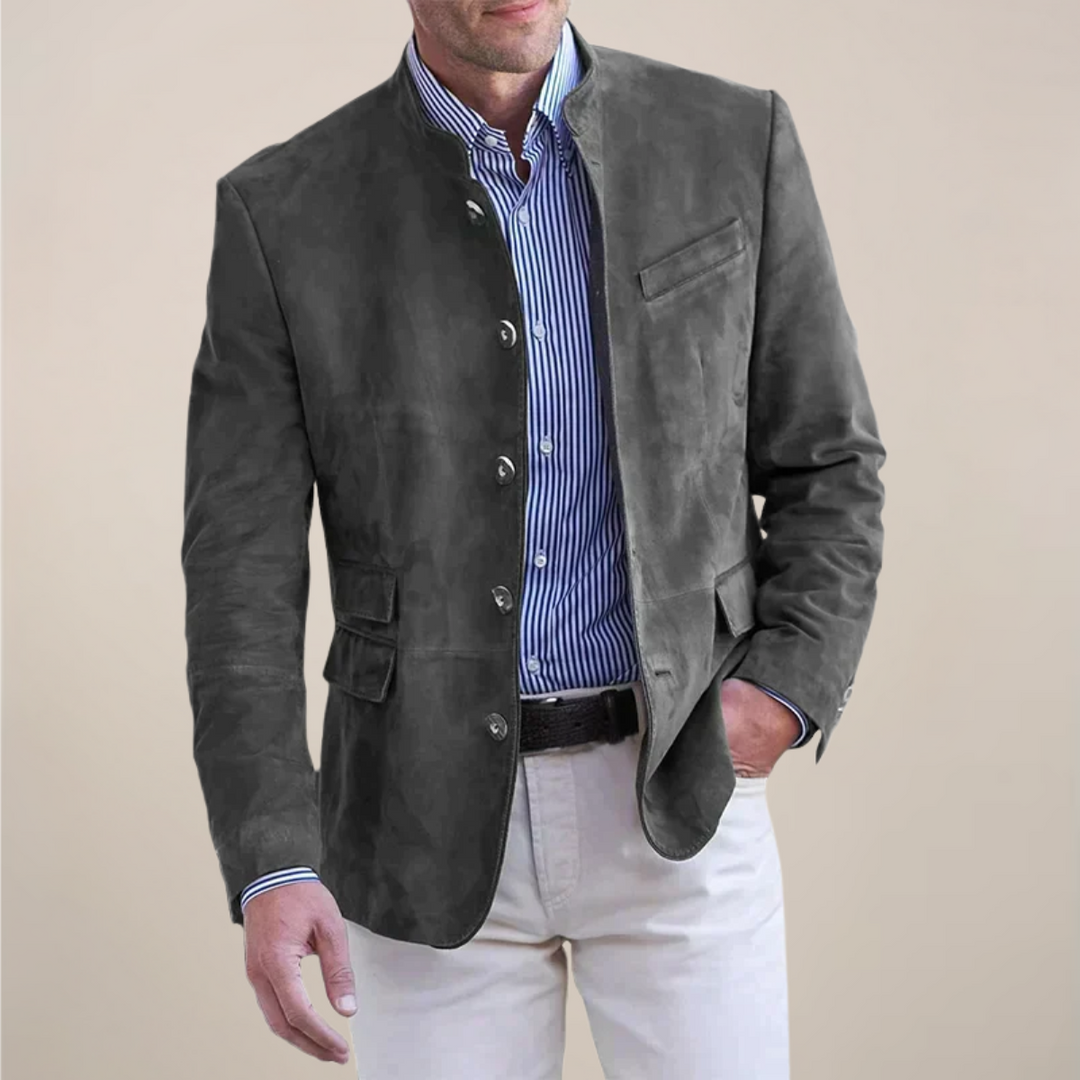 Modern men's stand collar blazer. Smart casual jacket perfect for contemporary mens fashion and versatile layering.