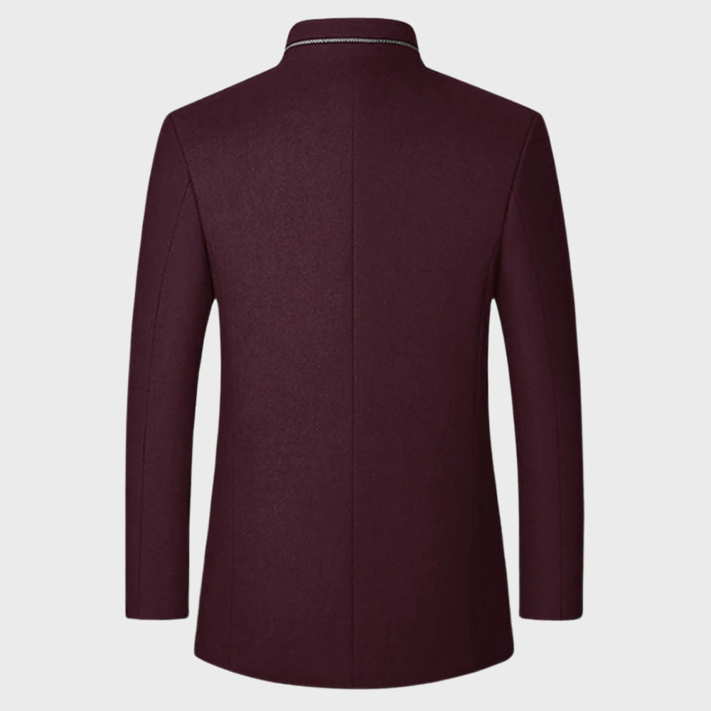 Men's tailored stand collar business trench coat with side pockets, a professional stylish jacket.