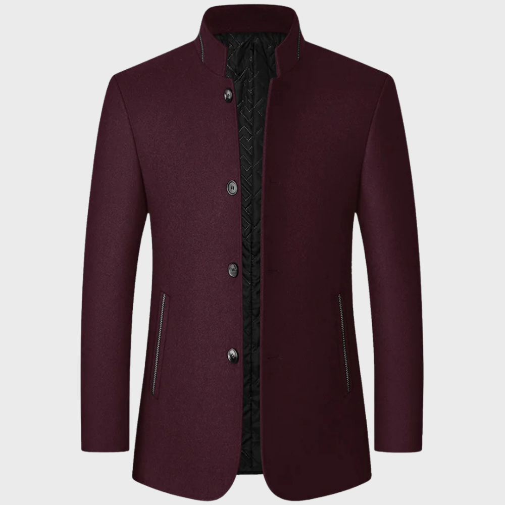 Smart men's stand collar business trench coat. Tailored, sophisticated, with functional side pockets.