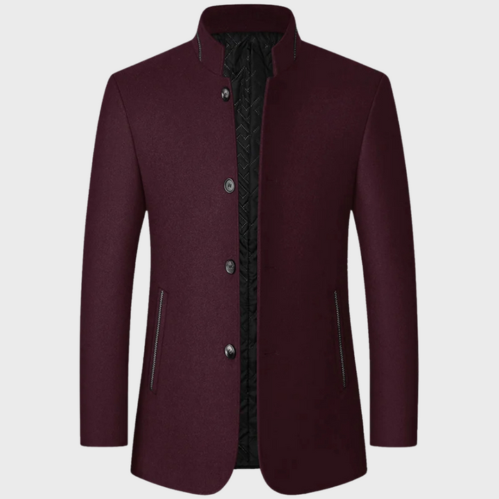 Smart men's stand collar business trench coat. Tailored, sophisticated, with functional side pockets.