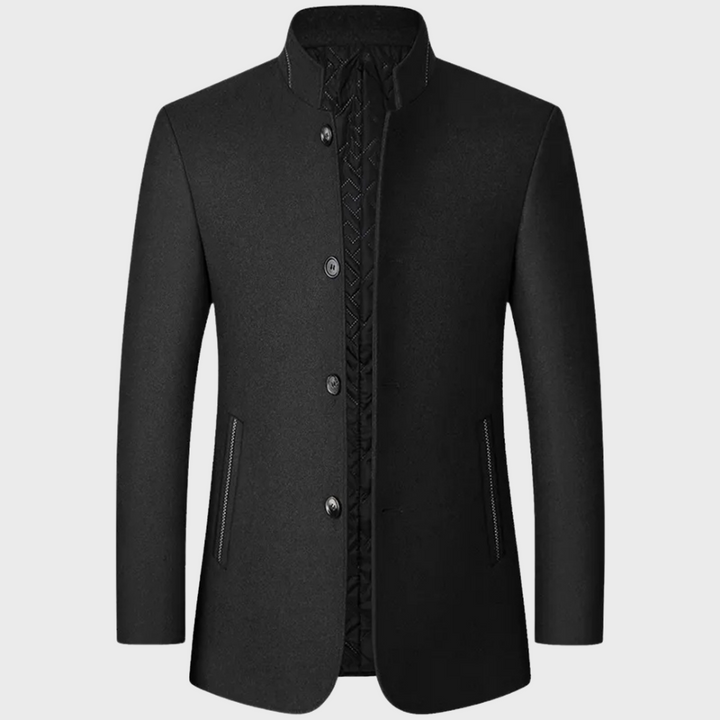 Tailored men's stand collar business coat with practical side pockets for a sharp professional look.