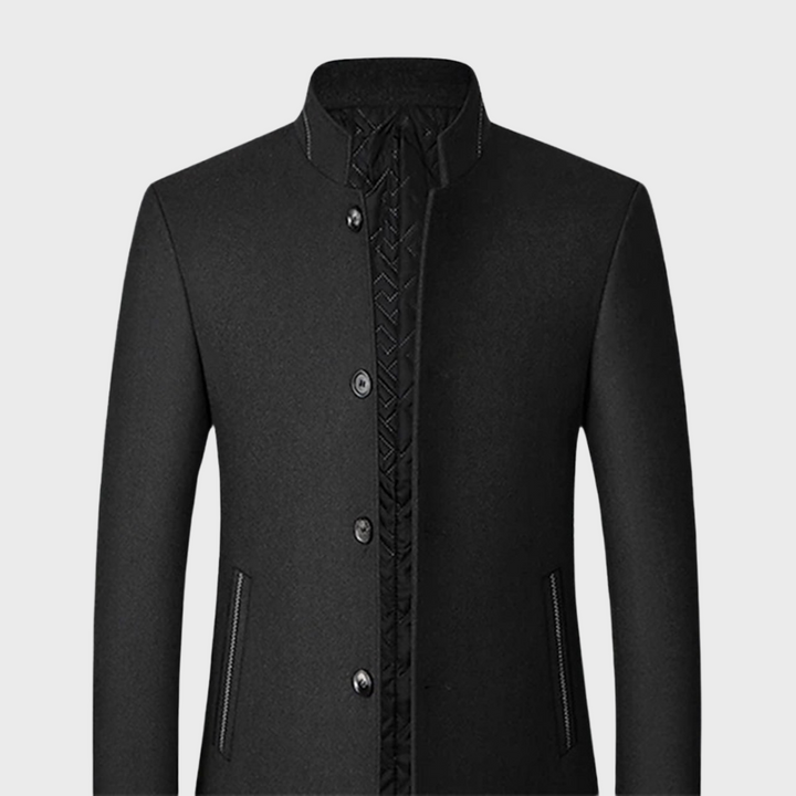 Man wearing a sleek stand collar business trench coat, suitable for office and formal events.