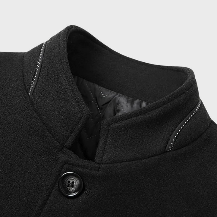 Full-length men's stand collar business trench coat with side pockets, a smart casual outerwear piece.