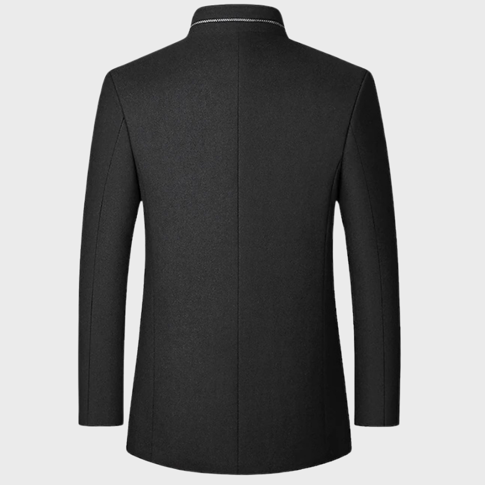 Stylish man confidently wearing a stand collar business coat, perfect for professional occasions.