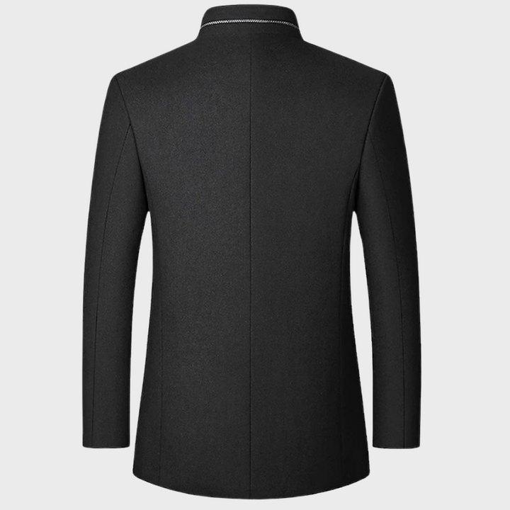 Stylish man confidently wearing a stand collar business coat, perfect for professional occasions.