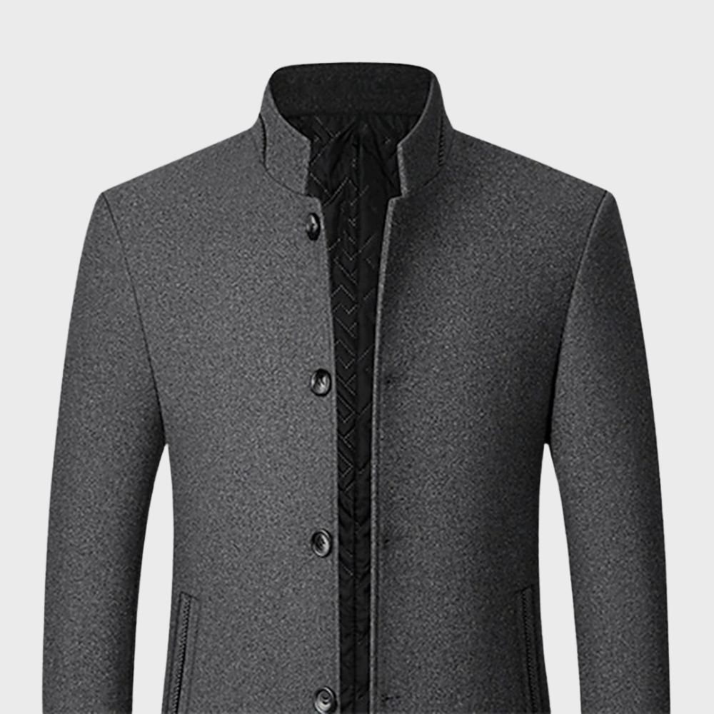 Classic men's stand collar business trench coat, a sophisticated tailored jacket with side pockets.
