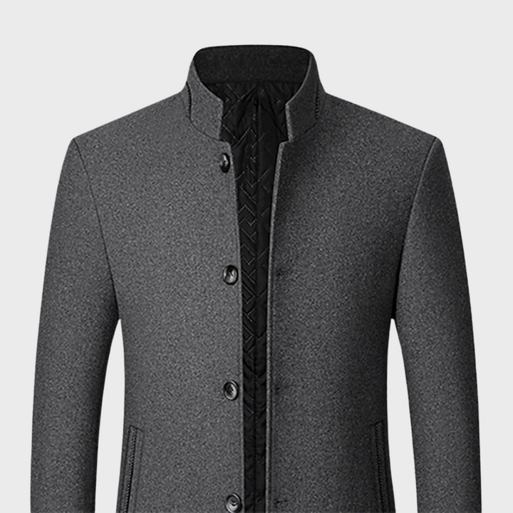 Classic men's stand collar business trench coat, a sophisticated tailored jacket with side pockets.