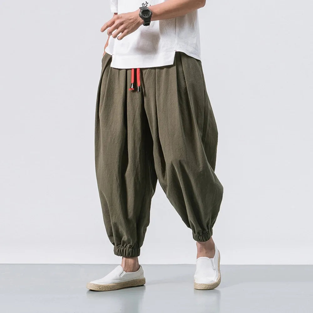 Man wearing Stride Baggy Harem Jogger Pants, showcasing loose fit, perfect for casual or athletic comfort.
