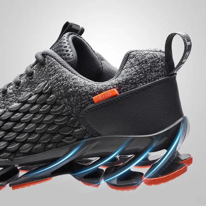 Close-up of StrideMax men's walking shoe, highlighting supportive sole, flexible design, and comfort.