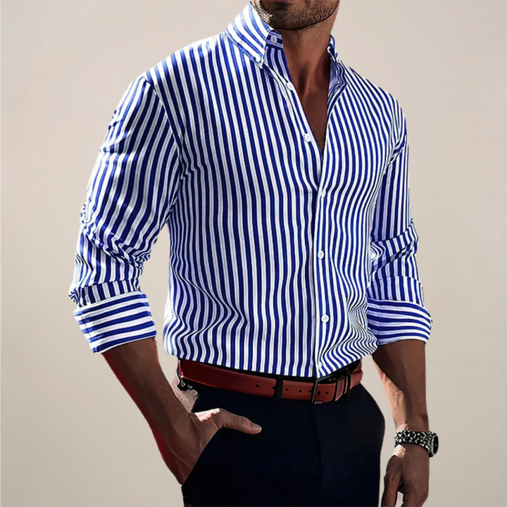 Men's striped long sleeve button-up shirt for smart casual or business casual occasions. Versatile & classic men's fashion.