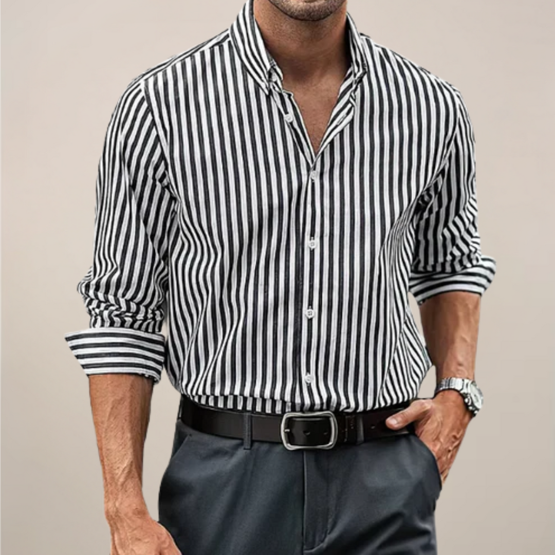 Polished men's long sleeve striped button-up shirt, ideal for everyday wear or a formal, smart casual business look.
