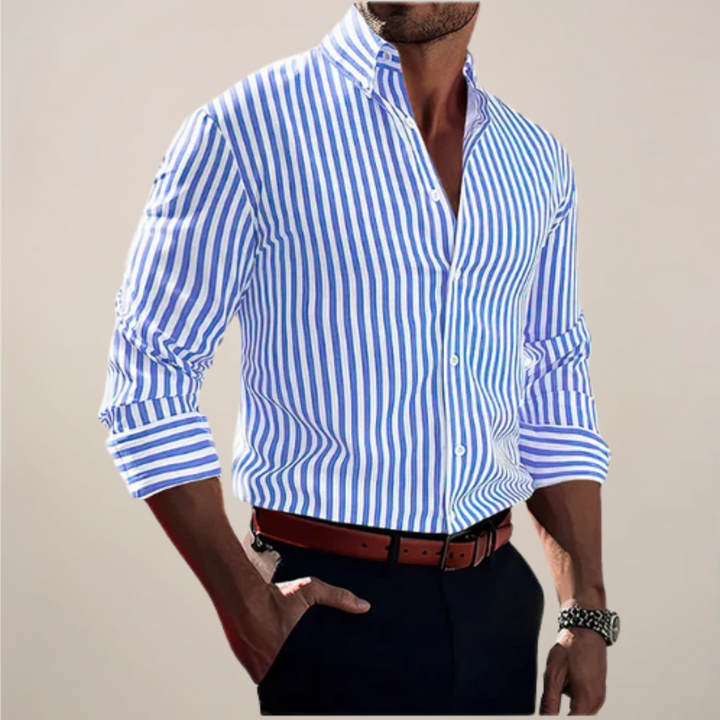 Versatile men's striped long sleeve button-up shirt, great for a polished smart casual or business casual men's apparel.