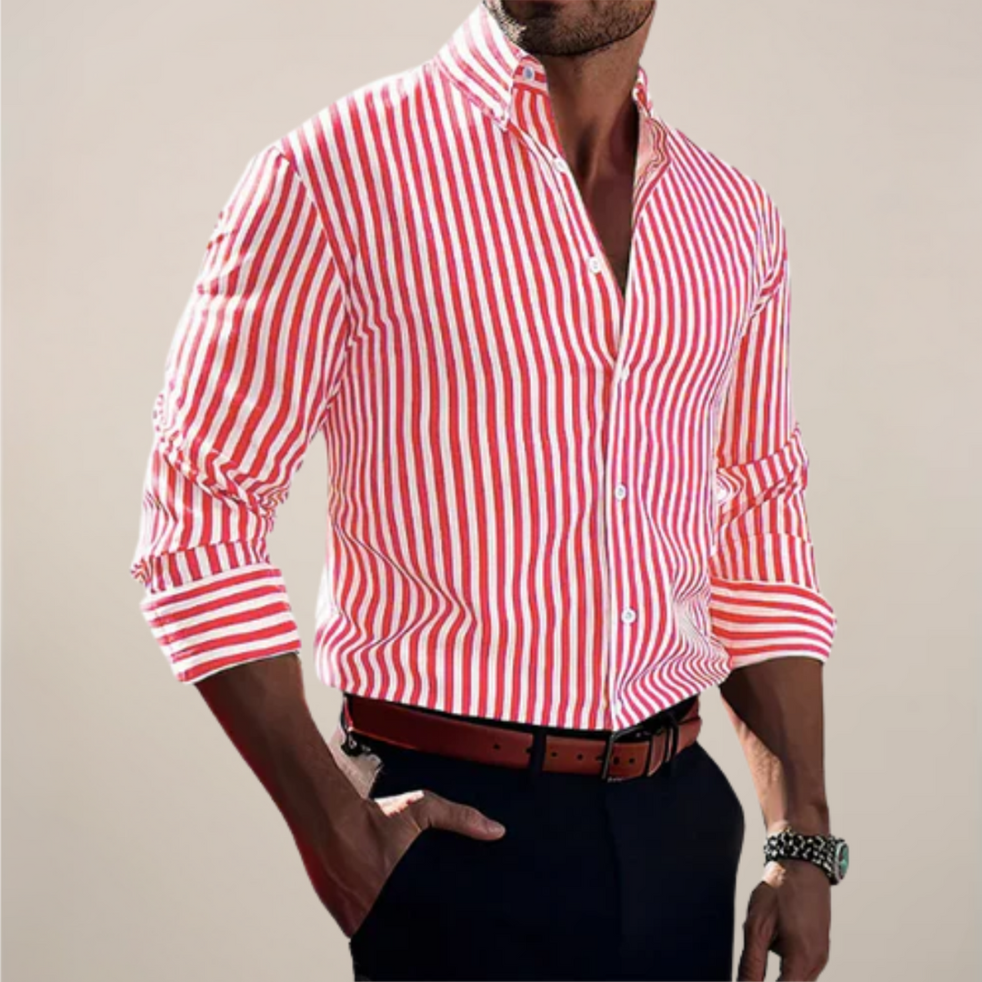 Classic men's long sleeve button-up shirt with stripes. Essential men's fashion for smart casual & everyday wear.