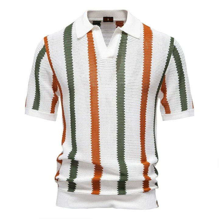 Men's striped polo shirt, relaxed fit knit top. Short sleeve V-neck, ideal for casual summer style.