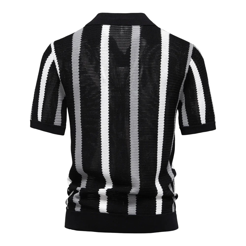 Close-up of men's striped knit polo. Relaxed fit short sleeve V-neck shirt, showcasing fabric texture.