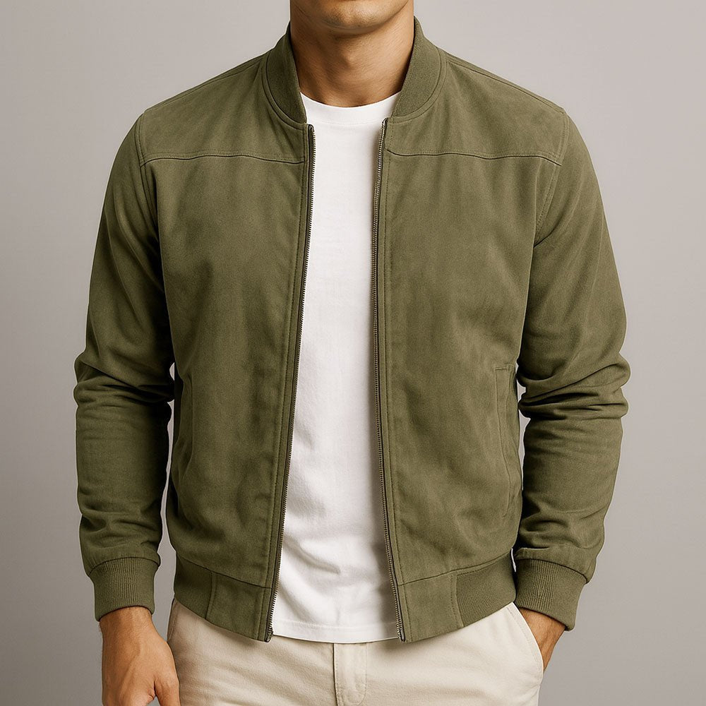 Stylish man wearing a structured bomber jacket, ideal for modern men's fashion & versatile smart casual layering.