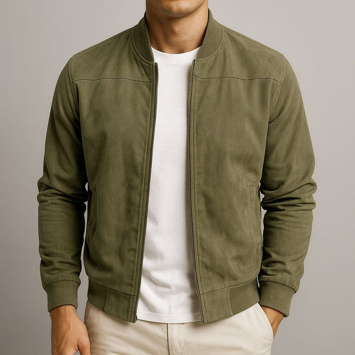Stylish man wearing a structured bomber jacket, ideal for modern men's fashion & versatile smart casual layering.