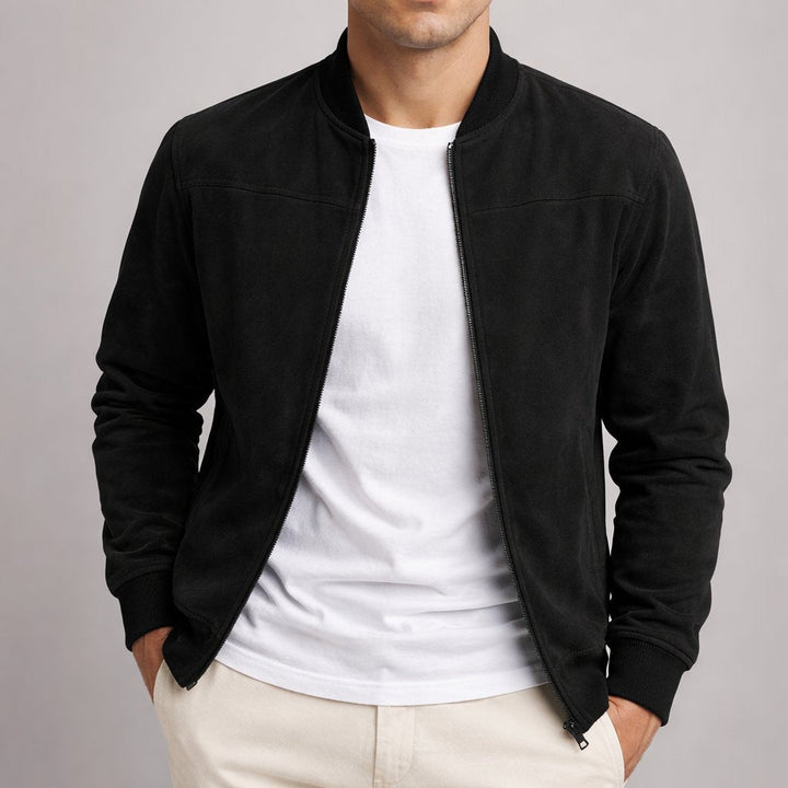 Premium structured bomber jacket for men, a tailored outerwear piece for smart casual style and everyday wear.