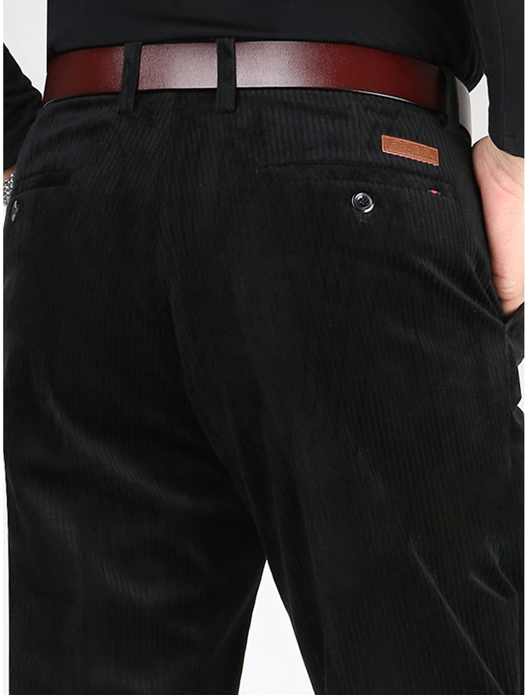 Men's structured ribbed pants in black, offering all-day comfort for casual wear and modern style.