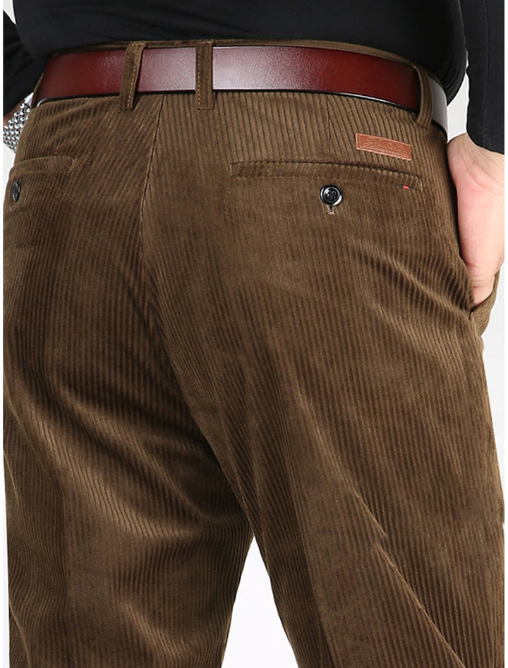 Comfortable men's structured pants with ribbed texture, ideal for relaxed bottoms & modern casual look.