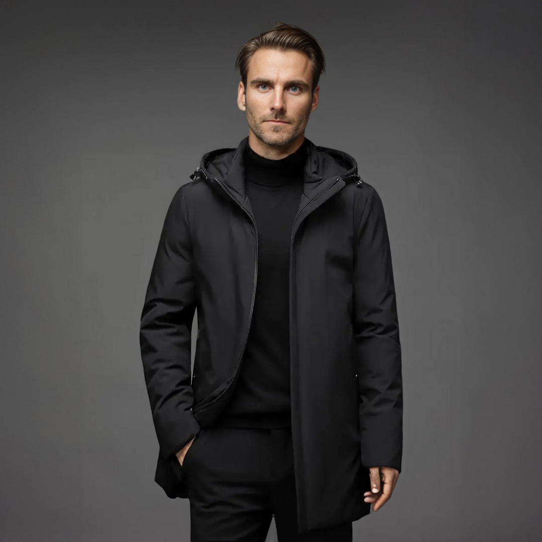 Men's stylish black hooded winter jacket for cold weather. Insulated & tailored fit.